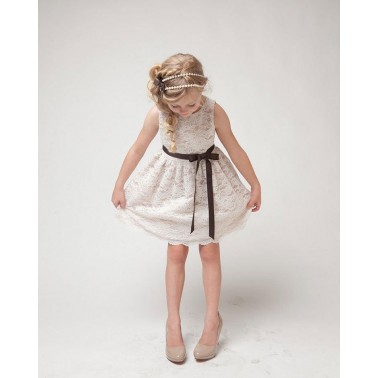 Robe enfant dentelle beige et marron