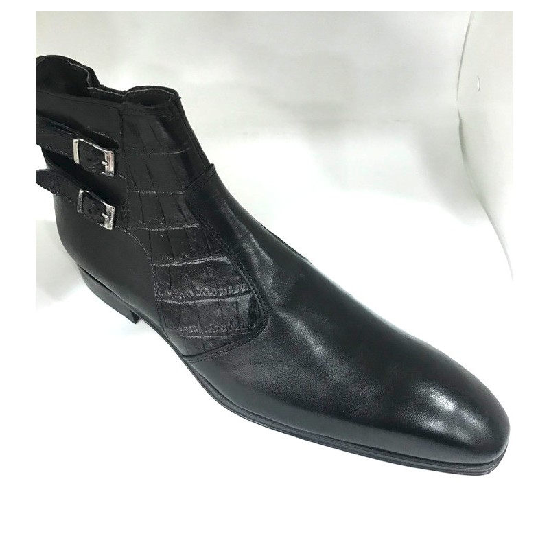 Bottine homme en cuir croco noir